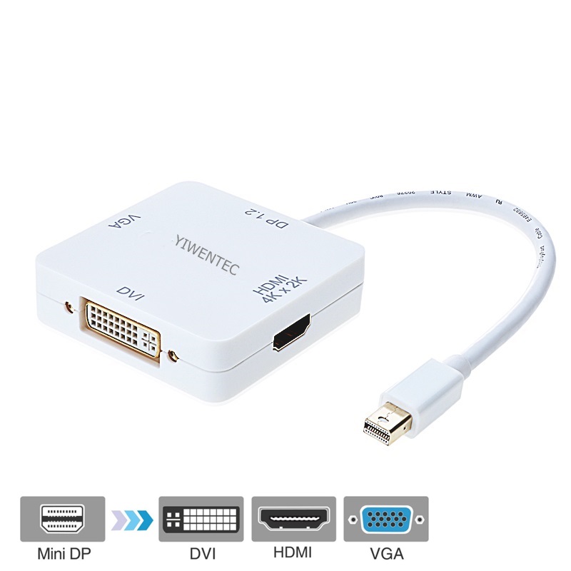 YIWENTEC 3in1 Mini DisplayPort DP v1.2 to HDMI DVI 4K VGA Thunderbolt Port Compatible Adapter Cable Square For Macbook  A0103W